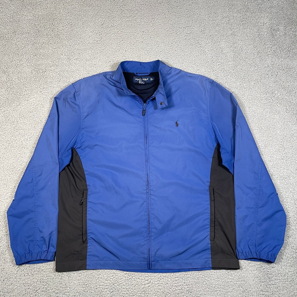 Vintage‎ Polo Golf Track Jacket Mens L Blue Full Zip Chinstrap Snap Small Pony